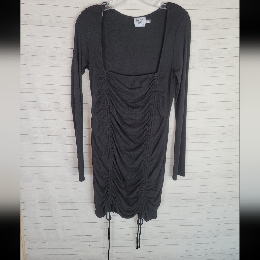 PRINCESS POLLY RIBBED LONG SLEEVE DRESS IN BLACK, SZ 12